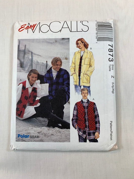 McCall's 7873 Misses' Men's Shirt, Jacket, Lined Vest, Size 34-44, Cut, Vintage 1995