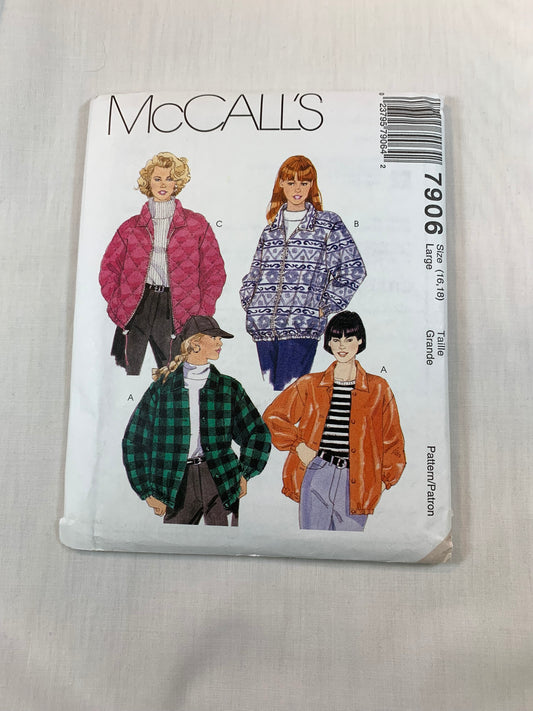 McCall's 7906 Misses' Lined, Unlined, Jacket, Size 16-18, Uncut, Vintage 1996