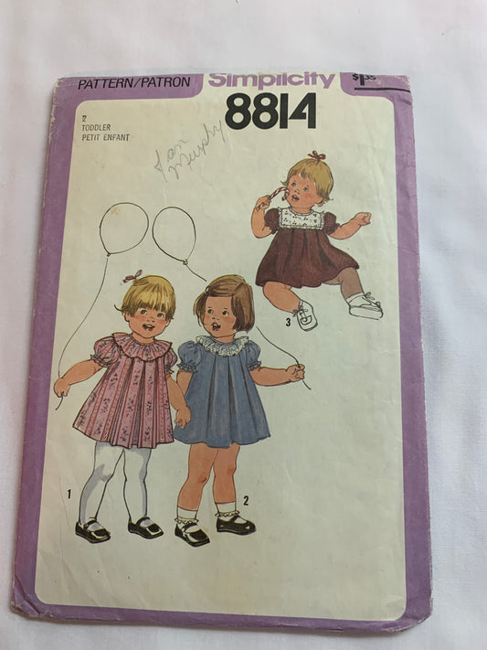 Simplicity Sewing Pattern 8814 Toddlers' Dress, Front Pleats, Zipper Back, Short Sleeves, Ruffles, Size 2, Cut, Vintage 1978