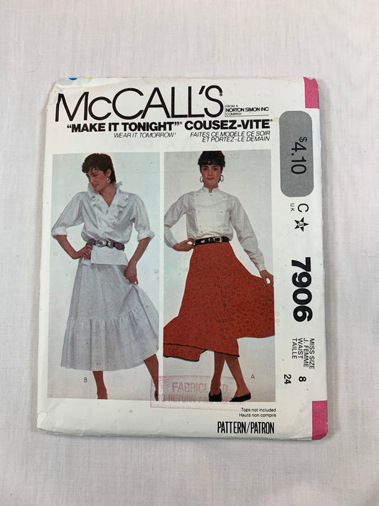 McCall's7906 Misses' Skirt, Size 8, Cut, Vintage 1982