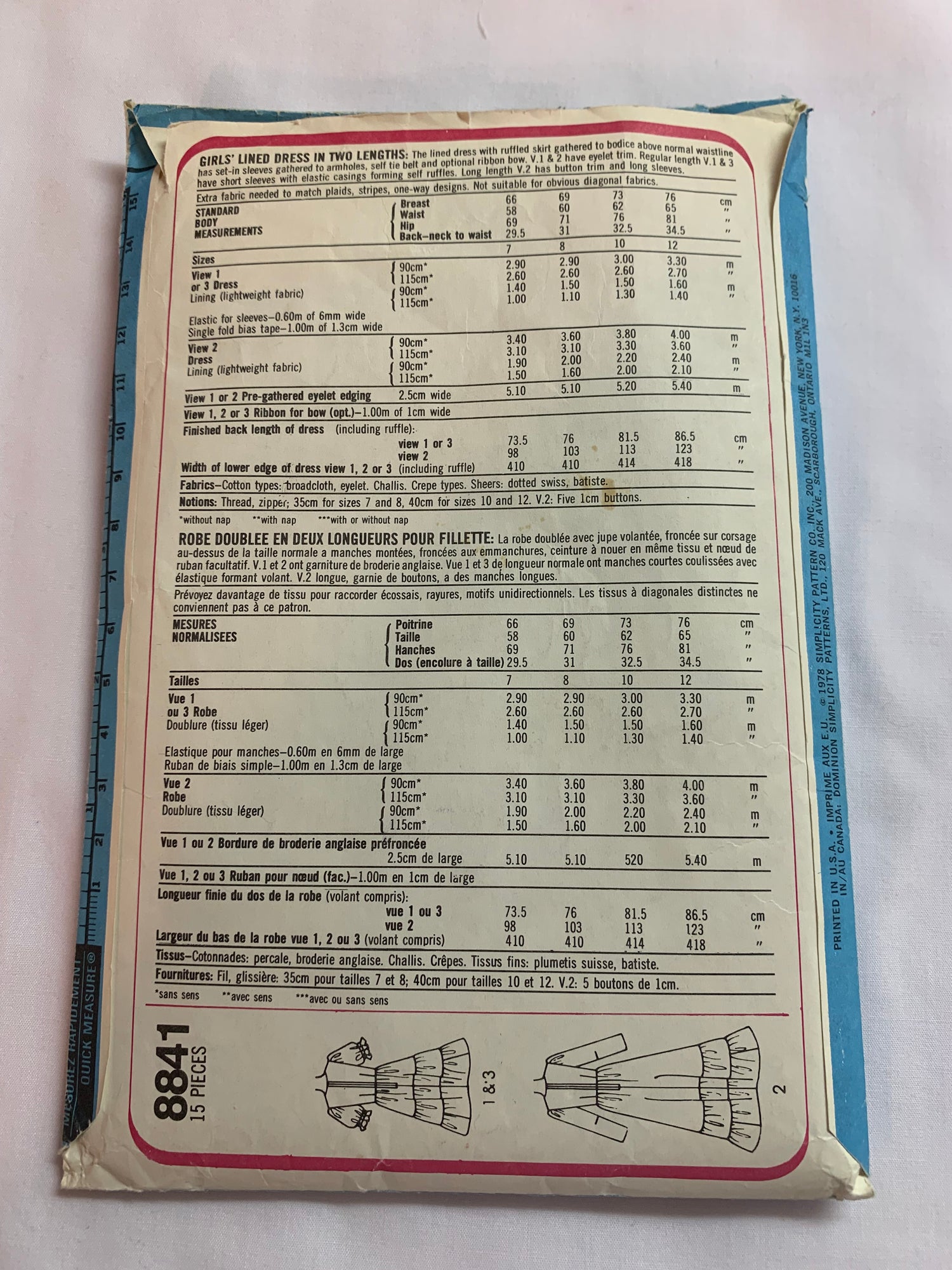 Simplicity Sewing Pattern 8841 Girls' Dress, Lined, Two Lengths, Long/Short Sleeves, Tiers, Zipper Back, Size 10, Cut, Vintage 1978
