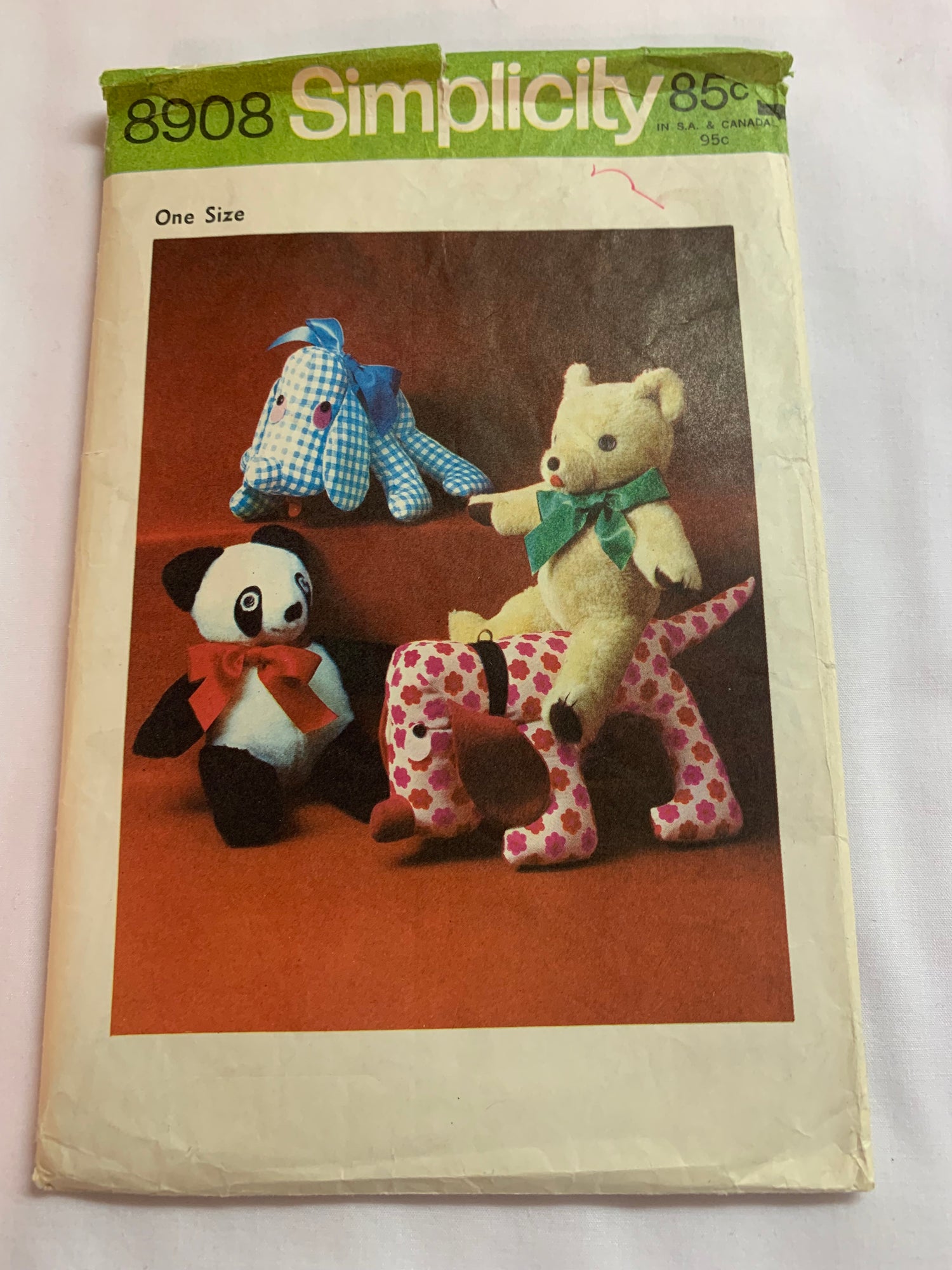 Simplicity Sewing Pattern 8908 Crafts, Stuffed Animals, Dog, Bear, Panda, Toys, Cut, Vintage 1972