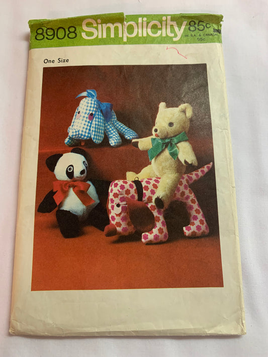 Simplicity Sewing Pattern 8908 Crafts, Stuffed Animals, Dog, Bear, Panda, Toys, Cut, Vintage 1972