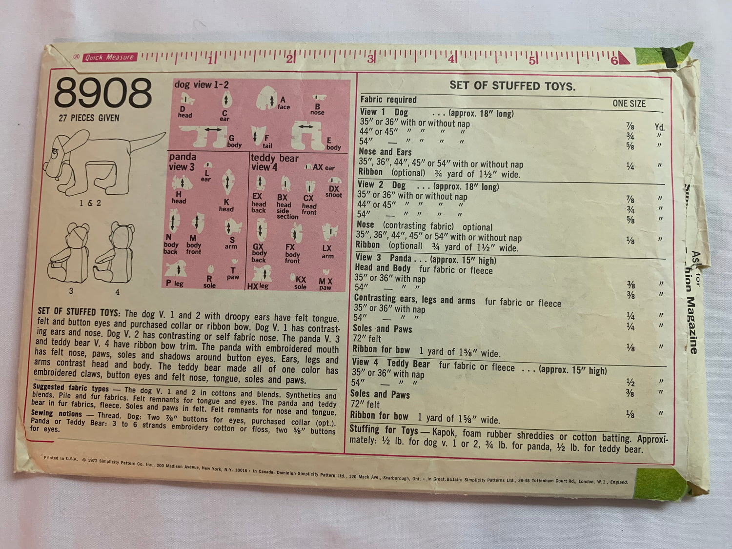 Simplicity Sewing Pattern 8908 Crafts, Stuffed Animals, Dog, Bear, Panda, Toys, Cut, Vintage 1972