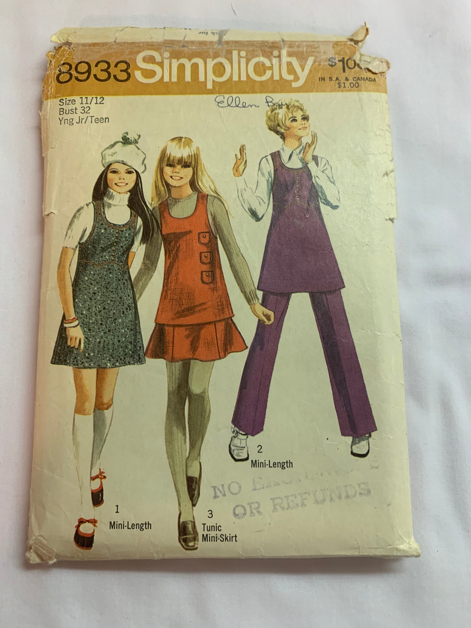 Simplicity Sewing Pattern 8933 Junior/Teens' Mini-Jumper, Tunic, Mini-Skirt, Pants, Sleeveless, Flared, Zipper Back, Pockets, Size 11-12, Cut, Vintage 1970