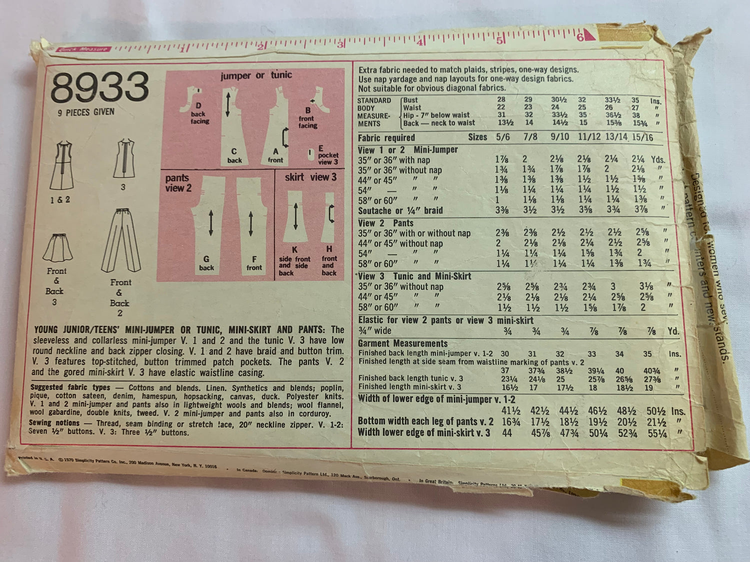 Simplicity Sewing Pattern 8933 Junior/Teens' Mini-Jumper, Tunic, Mini-Skirt, Pants, Sleeveless, Flared, Zipper Back, Pockets, Size 11-12, Cut, Vintage 1970