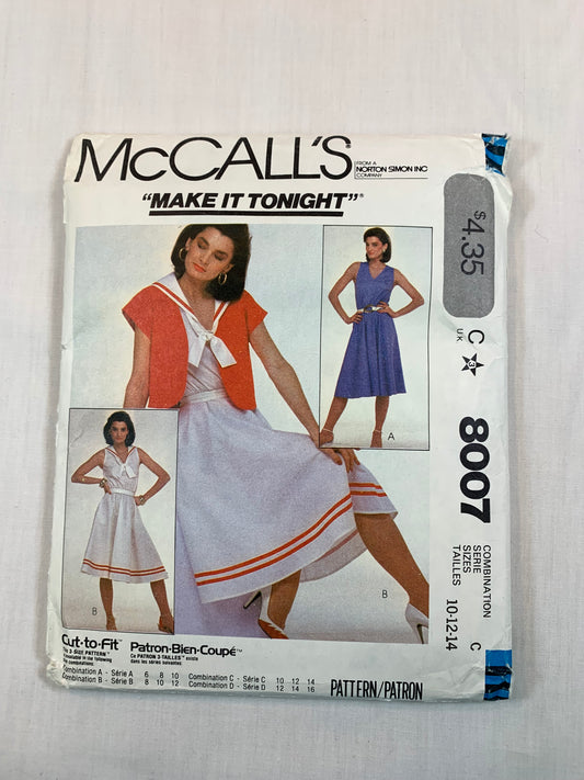 McCall's 8007 Misses' Jacket, Dress, Size 10-12, Cut, Vintage 1982