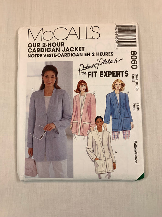 McCall's Sewing Pattern Palmer Pletsch 8060 Misses' Unlined Jackets, Princess Seams, Pockets, Long Sleeves, Button Front, Pockets, Size 8-10, Uncut, Vintage 1996