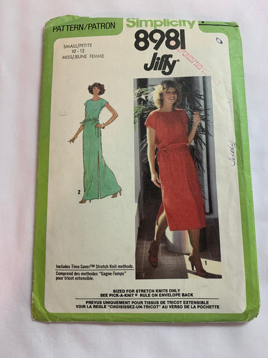 Simplicity Jiffy Sewing Pattern 8981 Misses' Dress, Pullover, Two Lengths, Sleeveless, Drawstring, Side Slits,  Size 10-12, Cut, Vintage 1979