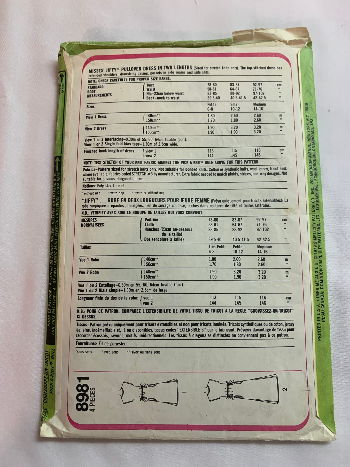 Simplicity Jiffy Sewing Pattern 8981 Misses' Dress, Pullover, Two Lengths, Sleeveless, Drawstring, Side Slits,  Size 10-12, Cut, Vintage 1979