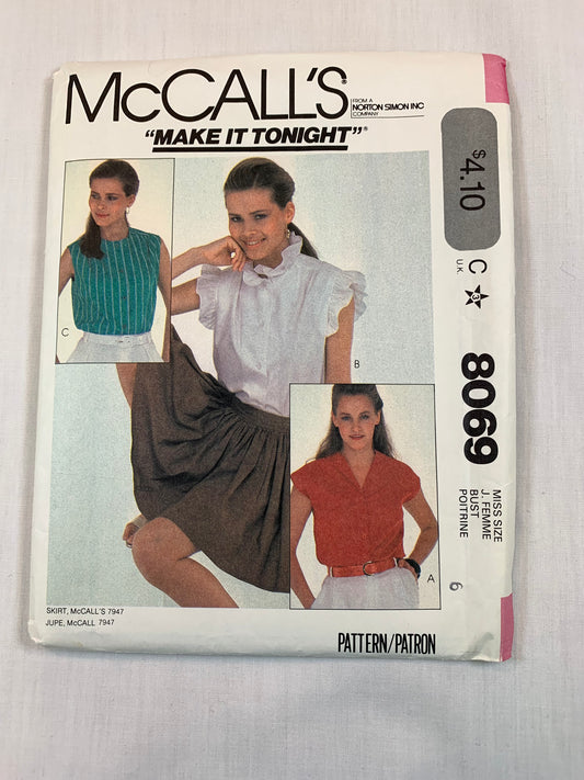 McCall's 8069 Misses' Blouse, Size 16, Cut, Vintage 1982