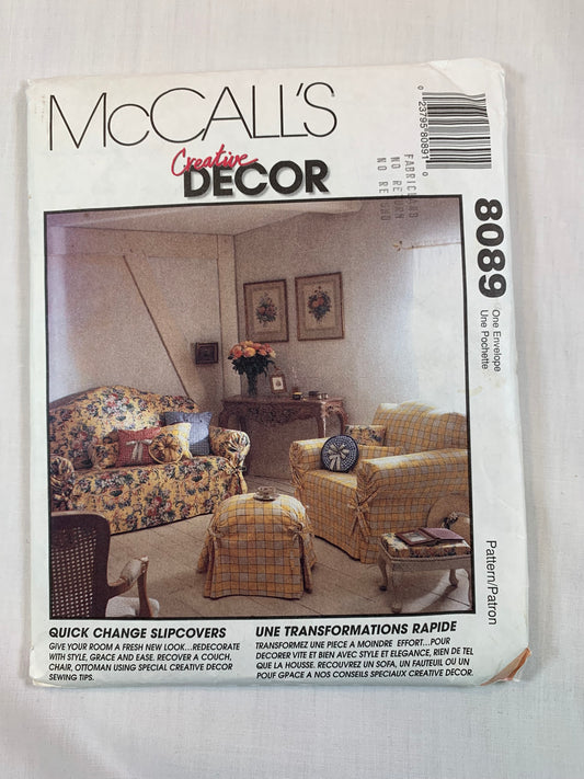 McCall's 8089 Home Decor, Cover Essentials, Sofa, Chair, Pillows, Ottoman, Uncut, Vintage 1995