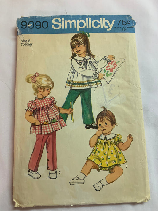 Simplicity Sewing Pattern 9090 Toddlers' Top, Pants, Bloomers, Elastic Waistline, Long/Short Sleeves, Zipper Back, Collar, Ruffles, Size 2, Cut, Vintage 1965