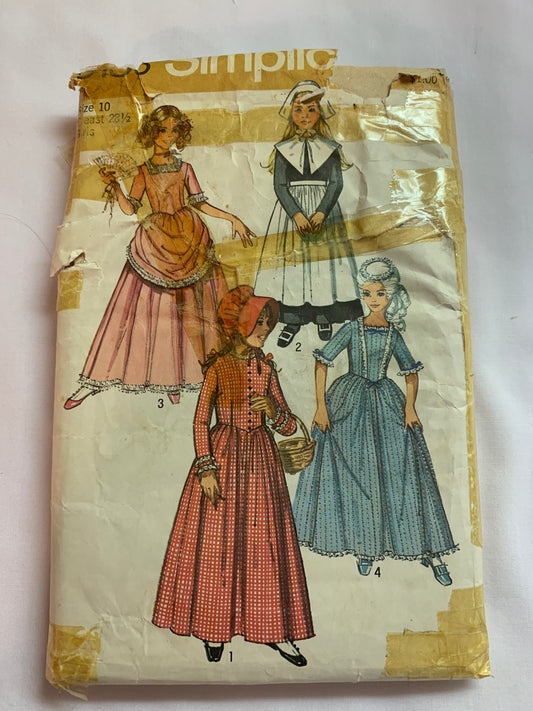 Simplicity Sewing Pattern 9136, Girls' Costumes, Puritan, Centennial, 18th &19th Century, Long/Short Sleeves, Zipper Back, Apron, Hat, Collar, Size 10, Cut, Vintage 1979