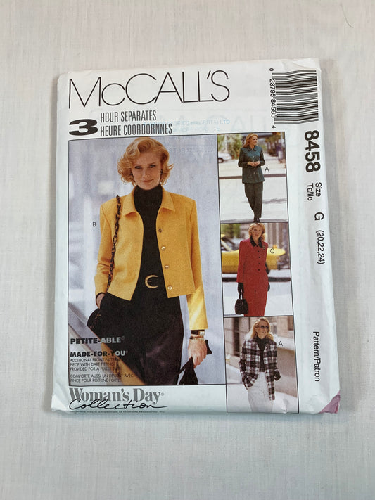 McCall's 8458 Misses' Tops, Pull-On Pants, Size 20-24, Uncut, Vintage 1996