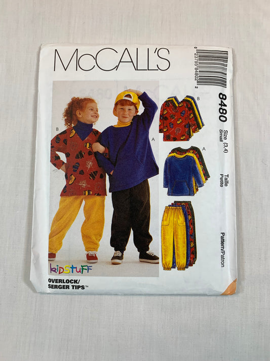 McCall's Sewing Pattern 8480 Boys'/Girls' Top, Pants, Pull-On, Pullover, Elastic Waist, Pockets, Size 3-4, Uncut, Vintage 1996