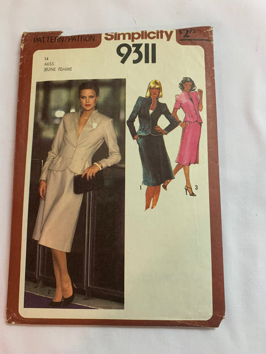 Simplicity Sewing Pattern 9311 Misses' Suit, Skirt, Unlined Jacket, Fitted, Zipper Back, Button Front, Pleats, Size 14, Cut, Vintage 1979