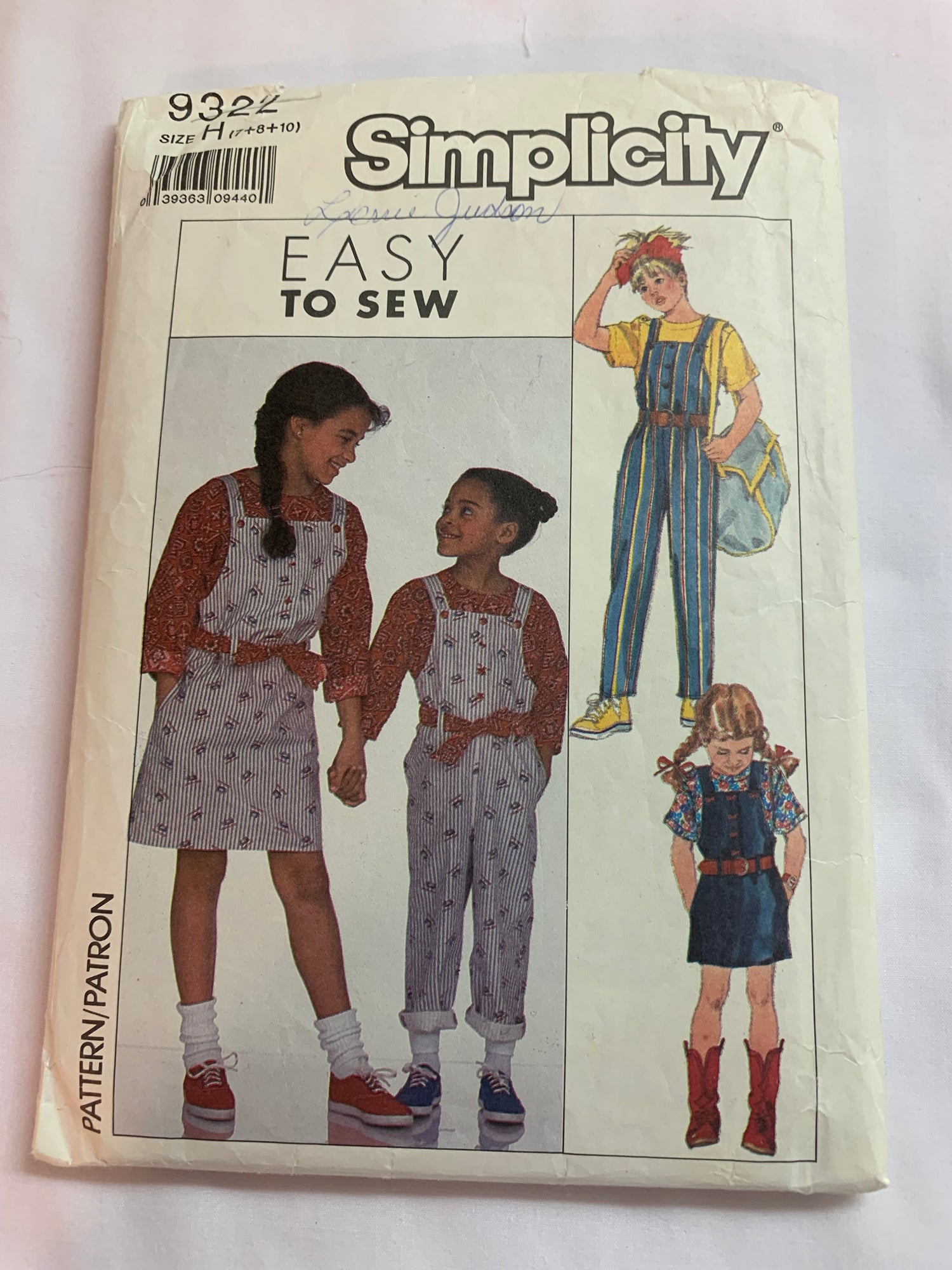 Simplicity Sewing Pattern 9322 Girls' Jumper, Overalls, Top, Long/Short Sleeves, Loose-Fitting, Shoulder Straps, Pockets, Size 7-10, Cut, Vintage 1989