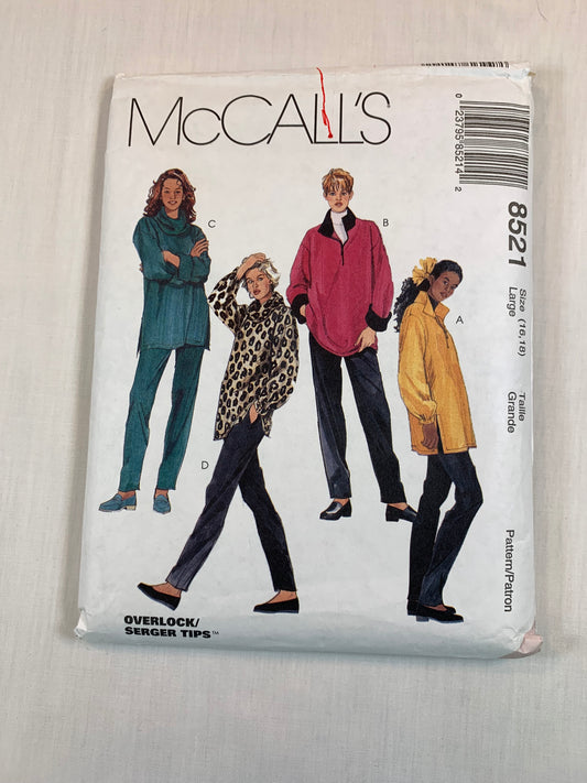 McCall's 8521 Misses' Tops, Pull-On Pants, Size 16-18, Cut, Vintage 1996