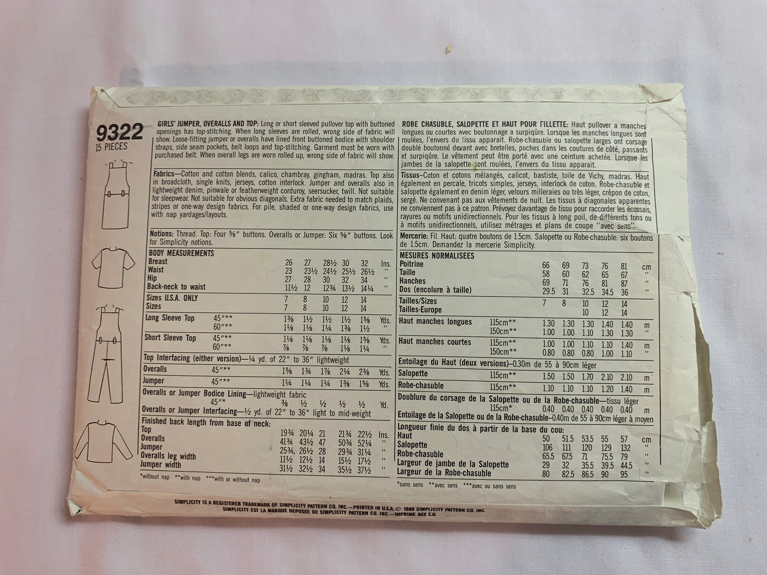 Simplicity Sewing Pattern 9322 Girls' Jumper, Overalls, Top, Long/Short Sleeves, Loose-Fitting, Shoulder Straps, Pockets, Size 7-10, Cut, Vintage 1989