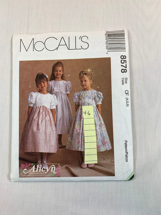 McCall's 8578 Girls' Dress, Size 4-6, Cut, Vintage 1996