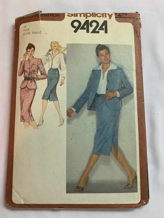 Simplicity Sewing Pattern 9424 Misses'/Miss Petite Suit, Unlined Jacket, Blouse, Skirt, Button Front, Pocket, Shoulder Pads, Size 14, Cut, Vintage 1980