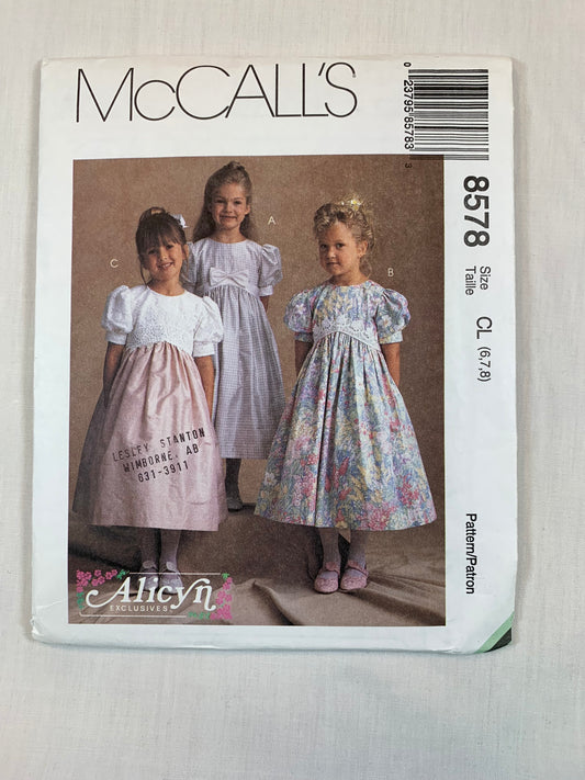 McCall's 8578 Girls' Dress, Size 6-8, Uncut, Vintage 1996