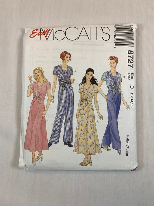 McCall's 8727 Misses' Jumpsuit, Dresses, Size 12-16, Cut, Vintage 1997