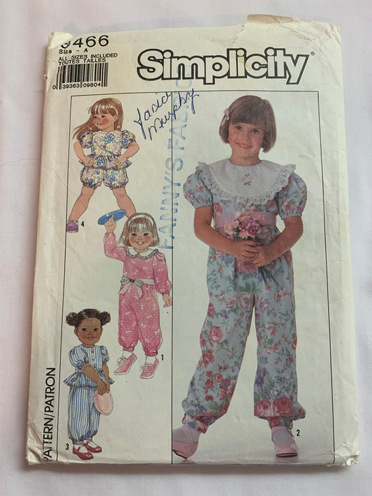 Simplicity Sewing Pattern 9466 Girls' Jumpsuit, Rompers, Button Back, Long/Short Sleeves, Sash, Two Lengths, Size 3-6, Cut, Vintage 1989