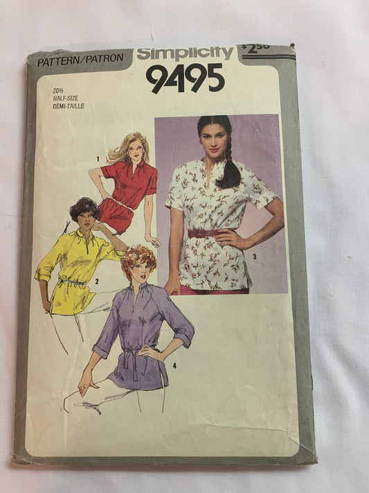 Simplicity Sewing Pattern 9495 Misses' Tunic, Half-Sizes, Long/Short Raglan Sleeves, Pullover, Size 20 1/2, Cut, Vintage 1980