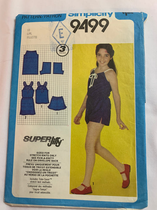 Simplicity Jiffy Sewing Pattern 9499 Girls' Pullover Dress, Top, Shorts, Elastic Waist, Side Slits, Sleeveless, Size 12, Cut, Vintage 1980