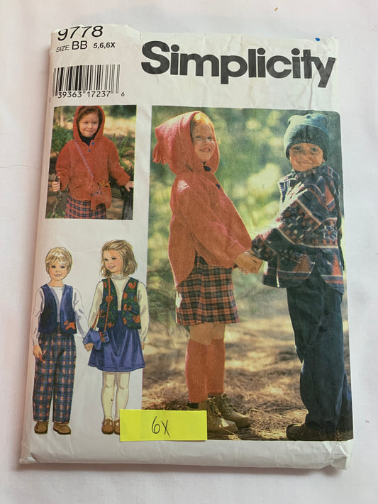 Simplicity Sewing Pattern 9778 Boy's/Girls' Hooded Jacket, Top, Skirt, Pants, Purse, Vest Size 5-6x, Cut, Vintage 1995
