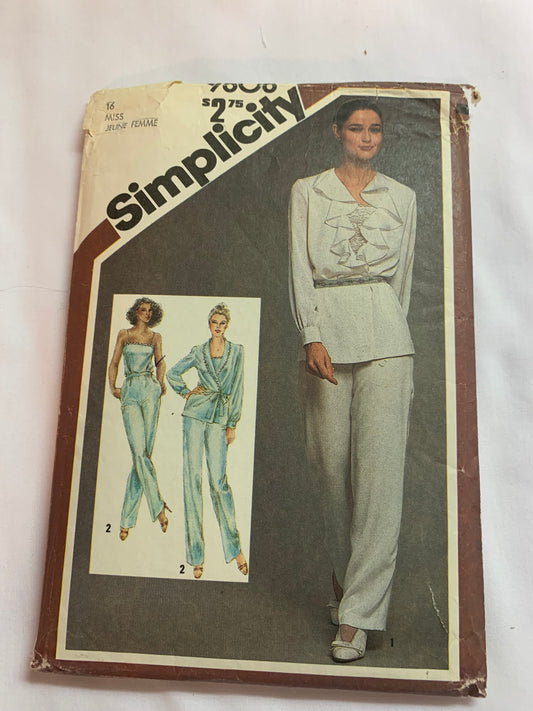 Simplicity Sewing Pattern 9808 Misses' Camisole, Pants, Unlined Jacke, Straight Leg, Shoulder Straps, Pockets, Size 16, Cut, Vintage 1980