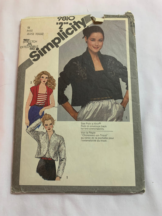 Simplicity Sewing Pattern 9810 Misses' Dress, Unlined Bolero Jacket, Camisole, Size 16, Cut, Vintage 1980