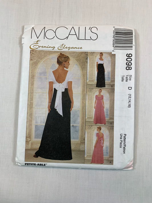 McCall's 9098 Misses' Lined Dress, Size 12-16, Cut, Vintage 1997
