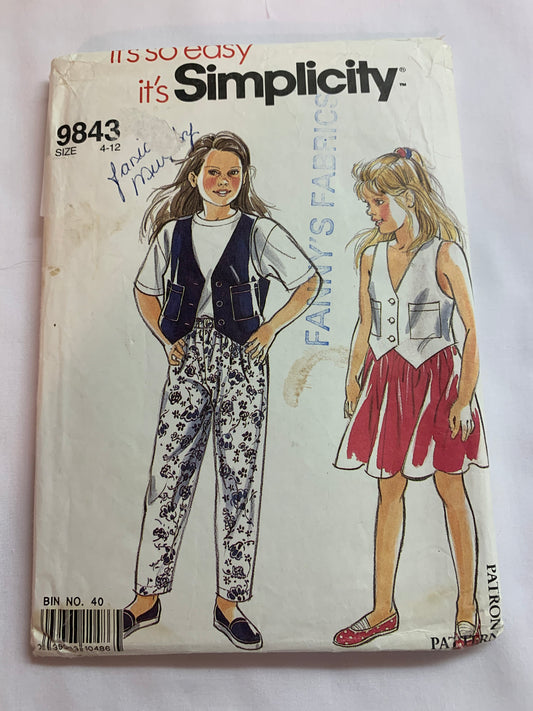 Simplicity Sewing Pattern 9843 Girls' Vest, Skirt, Pants, Button Front, Pull-On, Elastic Waist, Size 4-12, Cut, Vintage 1994