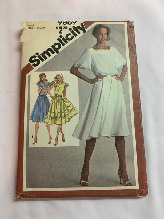 Simplicity Sewing Pattern 9869 Misses' Dresses, Two Lengths, Long/Short Sleeves, Zipper Back, Ruffles, Size 14, Cut, Vintage 1980