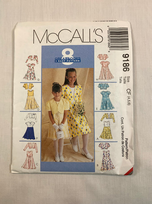 McCall's Sewing Pattern 9186 Girls' Dress, Lined Bolero, Long/Short Sleeves, Zipper Back, Overskirt, 8 Variations, Size 4-6, Uncut, Vintage 1998