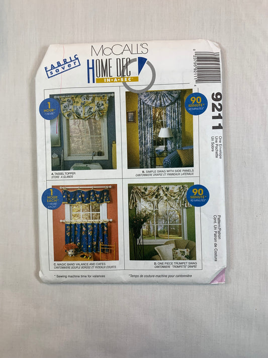 McCall's 9211 Home Decor, Curtains, Window Coverings, Uncut, Vintage 1998