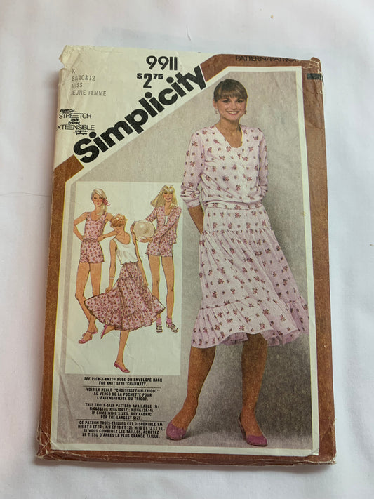 Simplicity Sewing Pattern 9911 Misses' Cardigan-Jacket, Top, Pull-On Skirt, Shorts, Stretch Knit, Button Front, Long Sleeves, Ruffles, Size 8-12, Cut, Vintage 1981