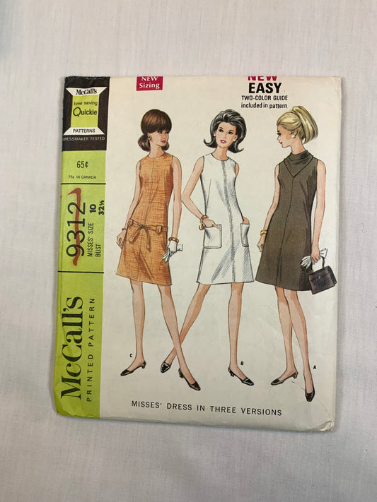 McCall's 9312 Misses' Dress, Size 10, Cut, Vintage 1968