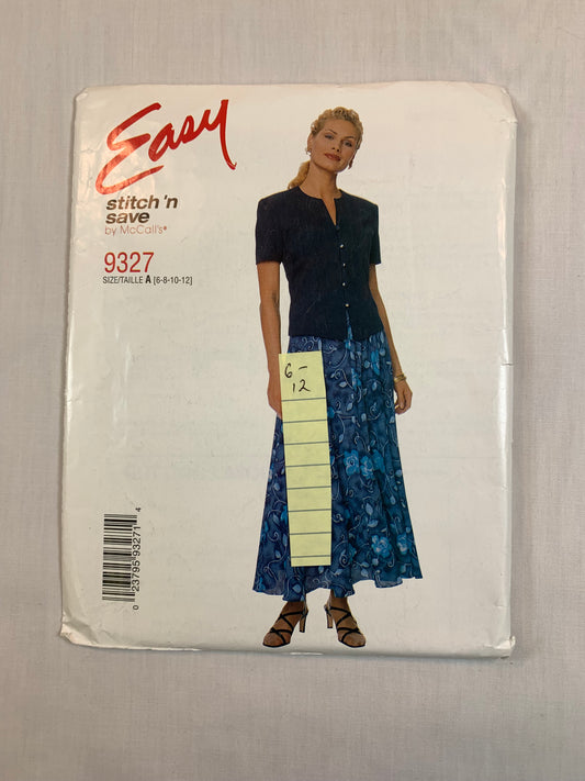 McCall's 9327 Stitch 'N Save Top, Bias Pull-On Skirt, Size 6-12, Uncut, Vintage 1998