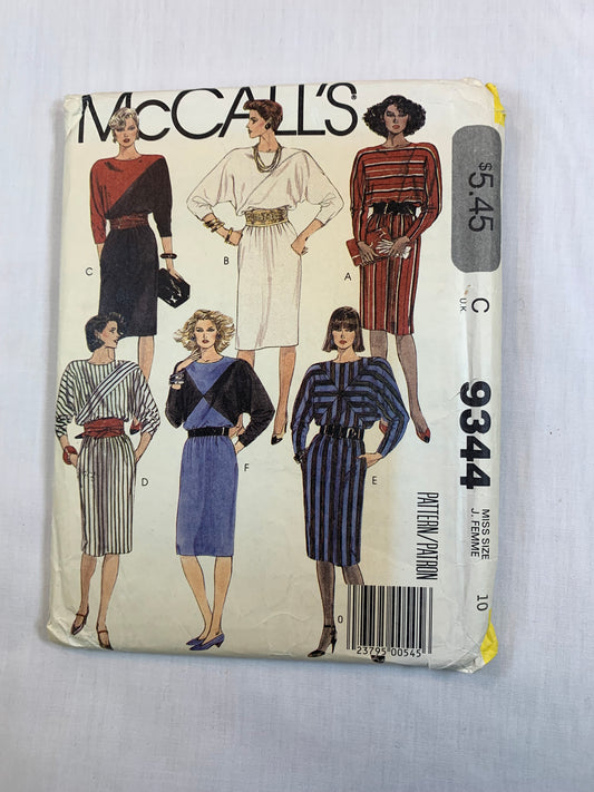 McCall's 9344 Misses' Dress, Belt, Size 10, Uncut, Vintage 1984