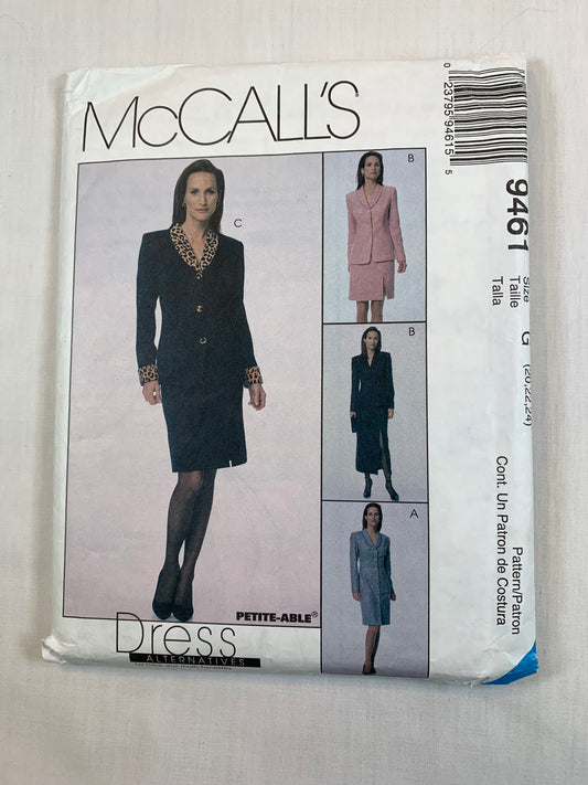 McCall's 9461 Misses' Coatdress, Lined Jacket, Skirt, Size 20-24, Cut, Vintage 1998