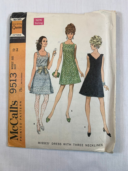 McCall's 9513 Misses' Dress. Size 12, Cut, Vintage 1968
