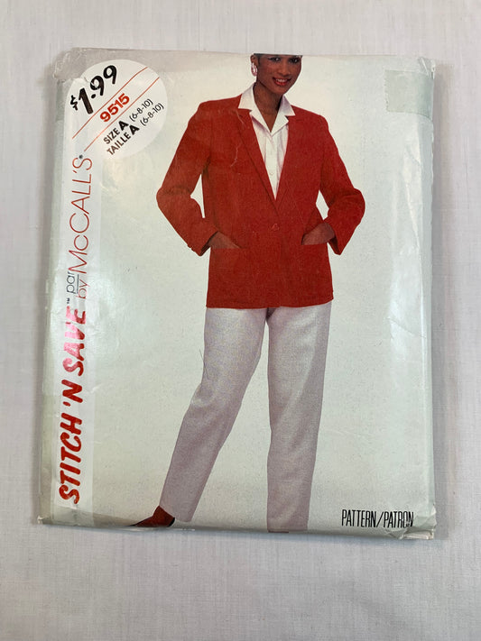McCall's 9515 Misses', Jacket, Pants, Size 6-10, Cut, Vintage 1985