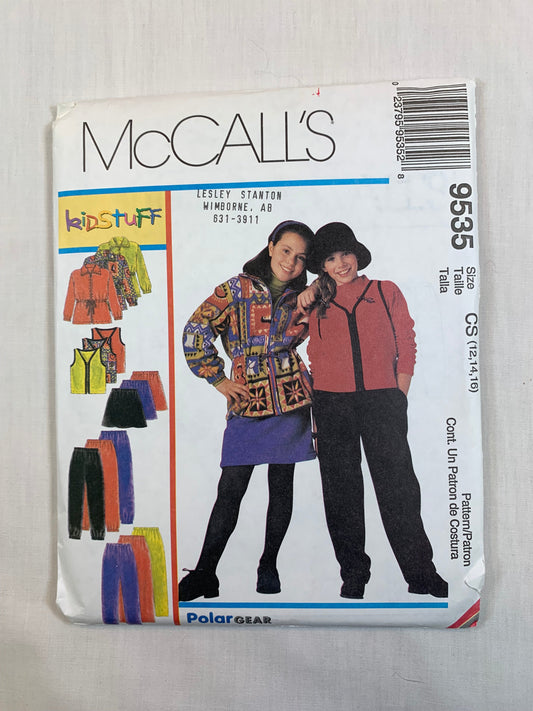 McCall's 9535 Girls' Jacket, Vest, Pull-On Skirt, Pants, Size12-16, Cut, Vintage 1998