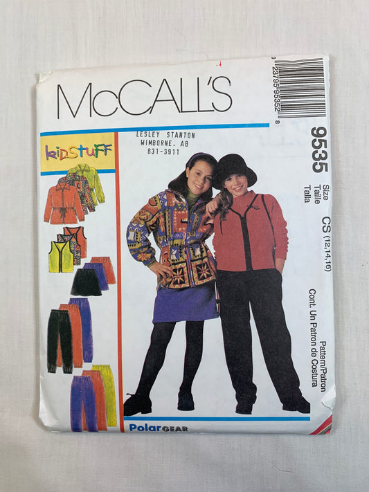 McCall's 9535 Girls' Jacket, Vest, Pull-On Skirt, Pants, Size12-16, Uncut, Vintage 1998