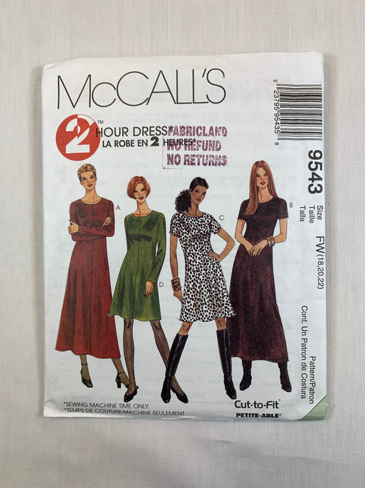 McCall's 9543 Misses' Bias Dress. Size 18-22, Uncut, Vintage 1998