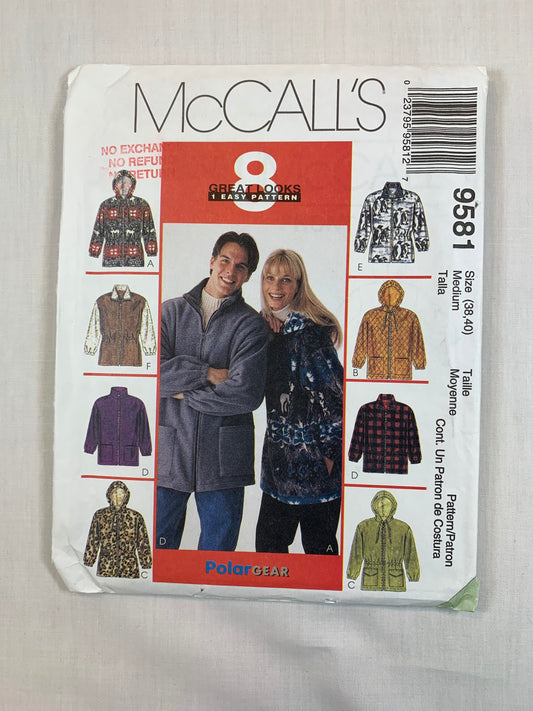 McCall's Sewing Pattern 9581 Misses'/Men's Unisex Jacket, Zipper Front, Pockets, Elastic Waist, Hood, Size 38-40, Cut, Vintage 1998